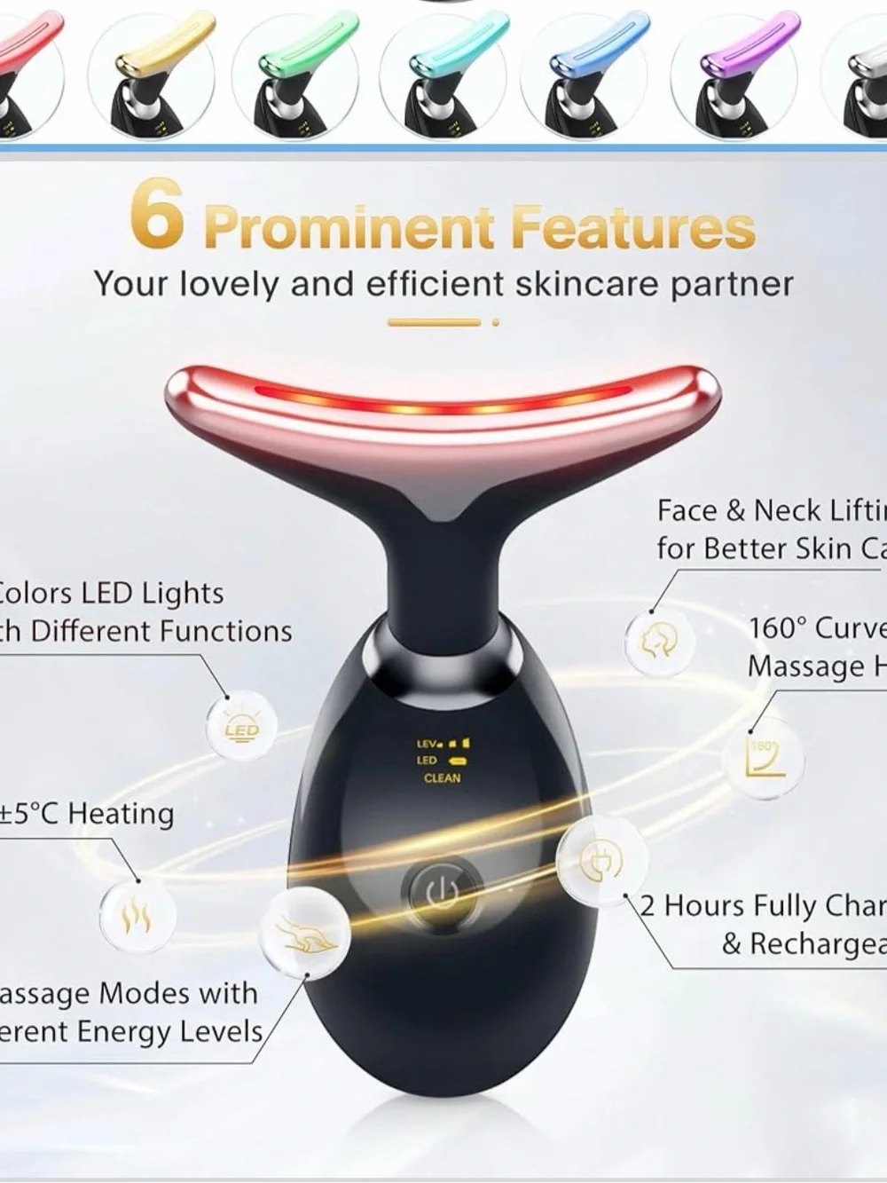 Face & Neck LED Massage Tool - Black with Red LED